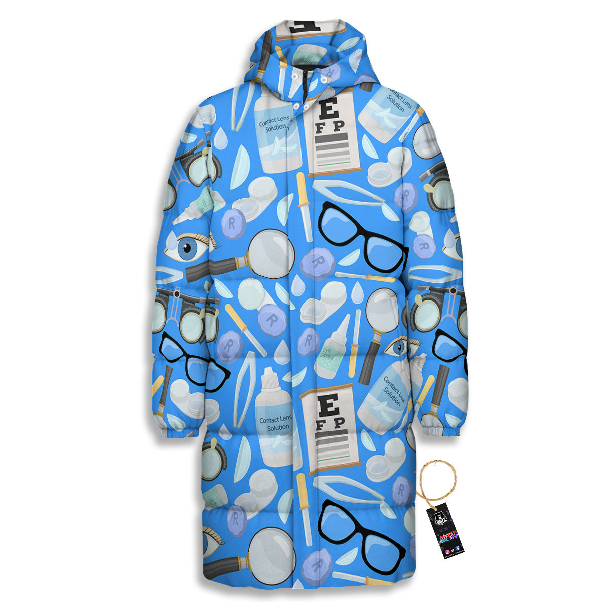 Medical Optometry Accessory Blue Print Pattern Long Down Jacket-grizzshop