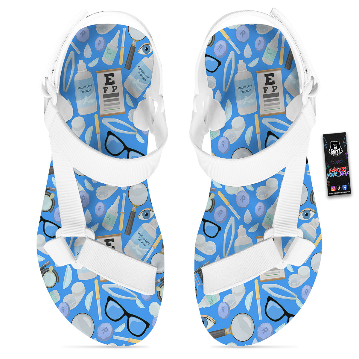 Medical Optometry Accessory Blue Print Pattern White Open Toe Sandals-grizzshop