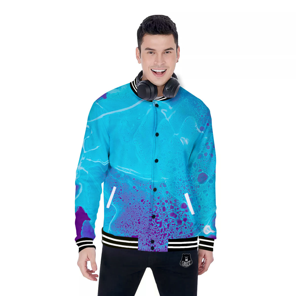 Melt Acid Turquoise Print Baseball Jacket-grizzshop