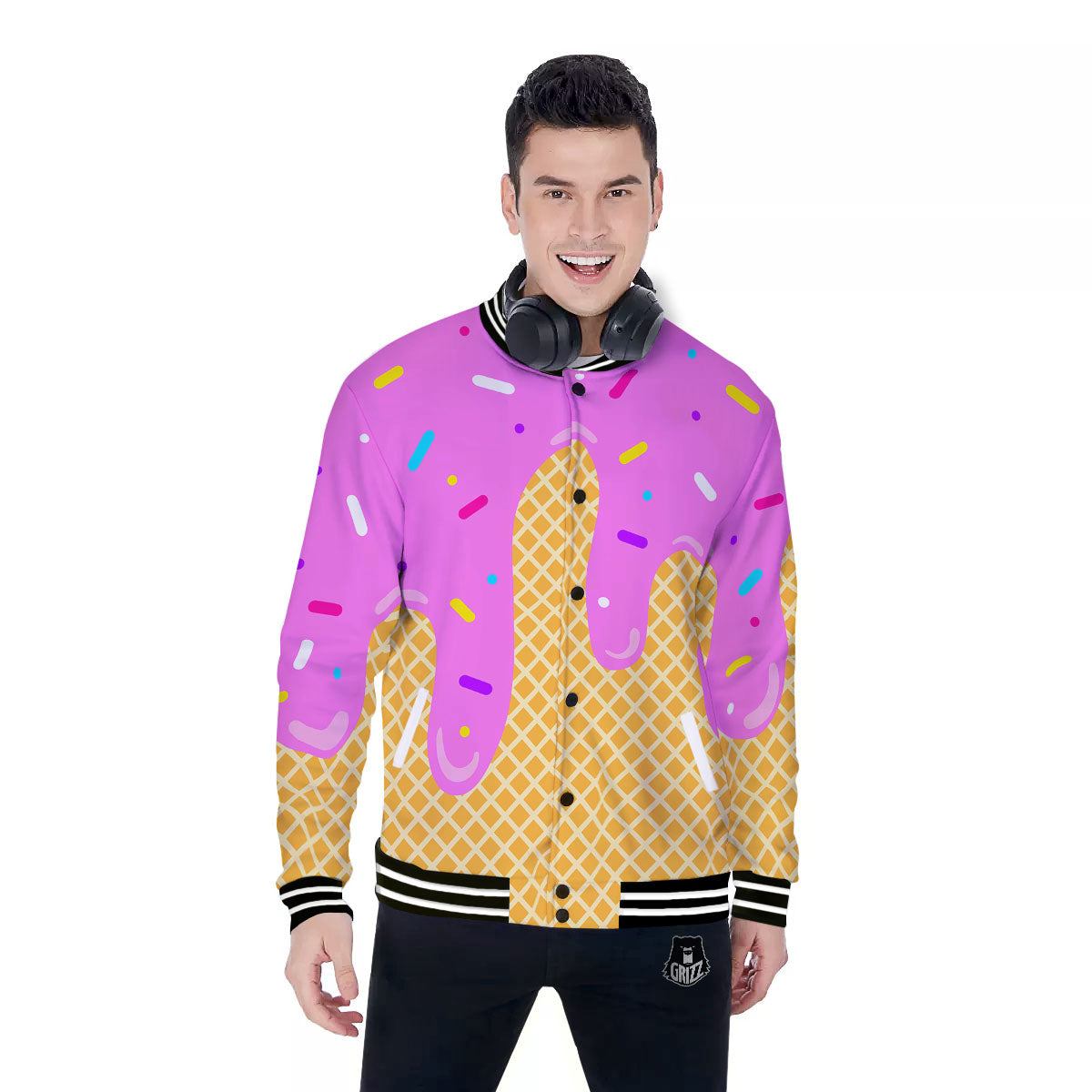 Melted Ice Cream Pink Print Baseball Jacket-grizzshop