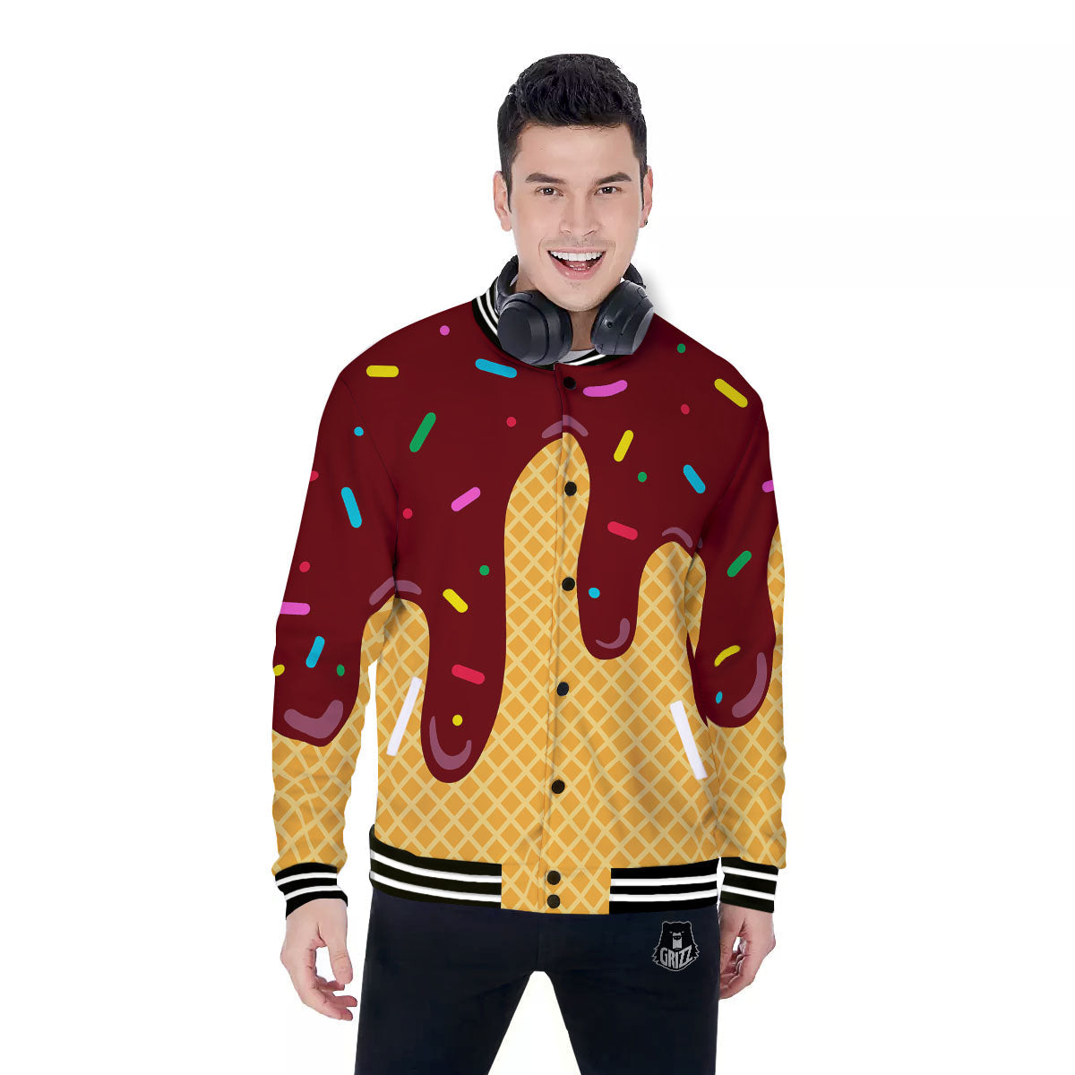 Melted Ice Cream Print Baseball Jacket-grizzshop