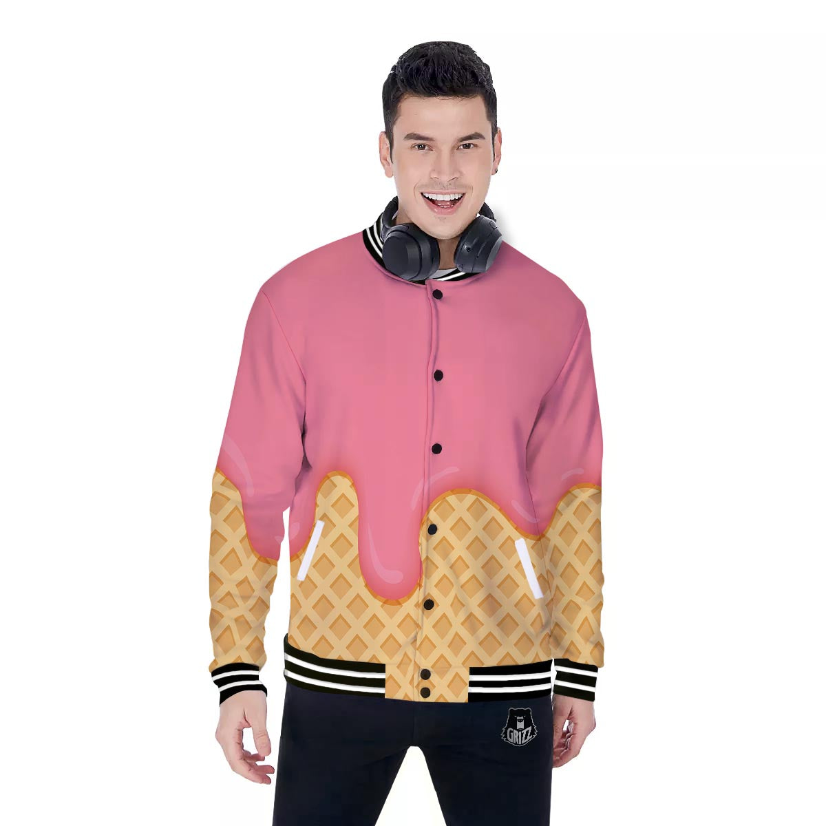 Melted Strawberry Ice Cream Print Baseball Jacket-grizzshop