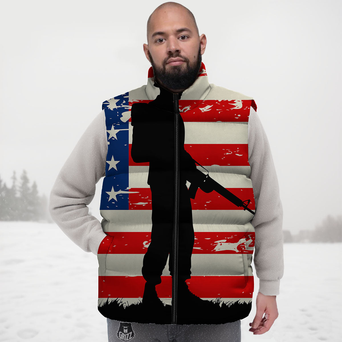 Memorial War American Flag Print Down Vest