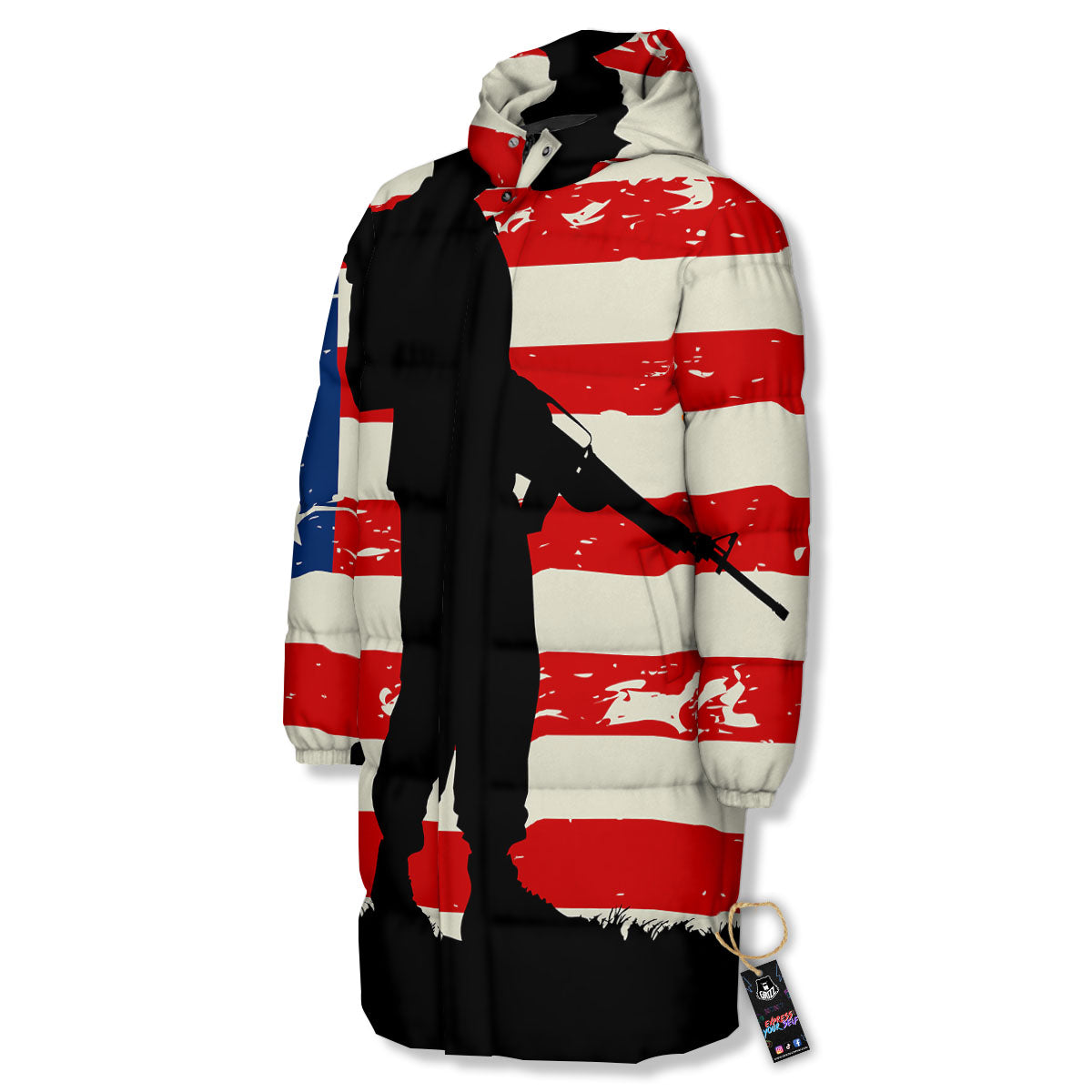 Memorial War American Flag Print Long Down Jacket-grizzshop