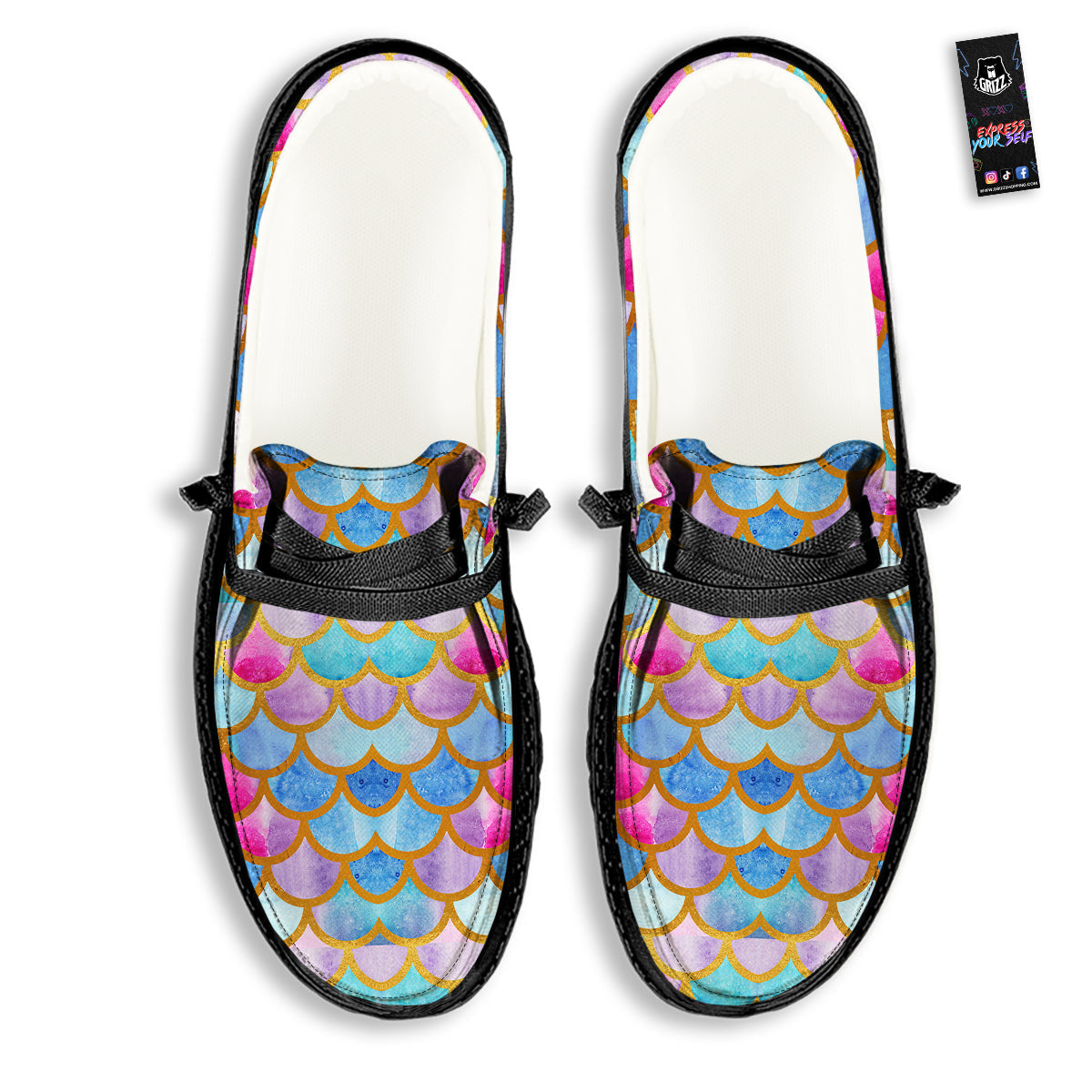Mermaid Colorful Print Pattern Black Loafers-grizzshop