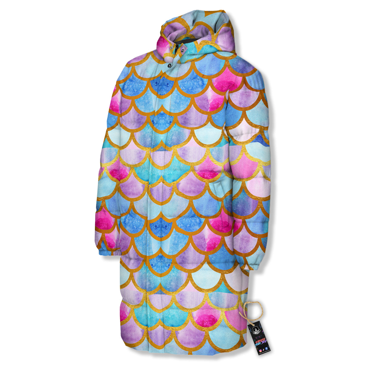 Mermaid Colorful Print Pattern Long Down Jacket-grizzshop