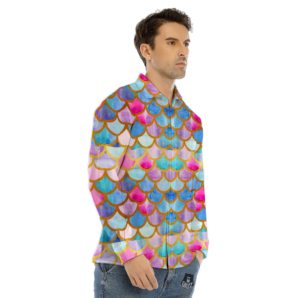 Mermaid Colorful Print Pattern Men's Dress Shirts-grizzshop