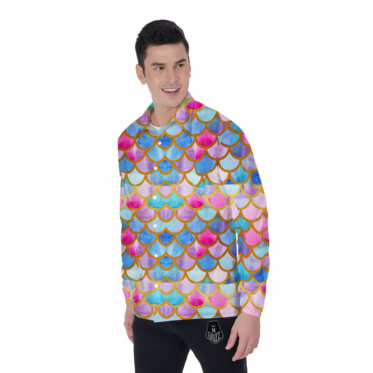 Mermaid Colorful Print Pattern Men's Long Sleeve Shirts-grizzshop