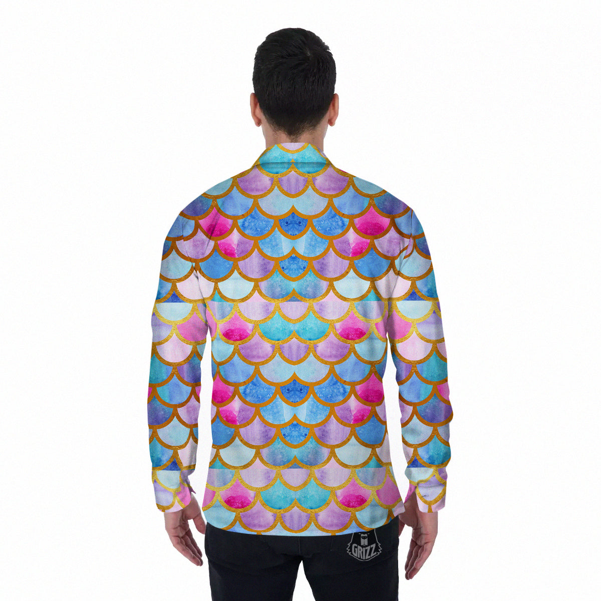 Mermaid Colorful Print Pattern Men's Long Sleeve Shirts-grizzshop