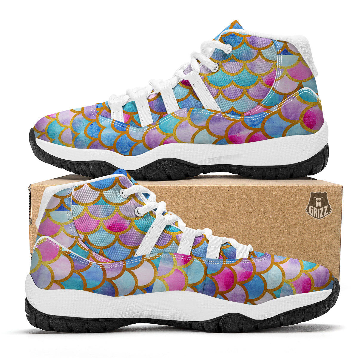 Mermaid Colorful Print Pattern White Bball Shoes-grizzshop
