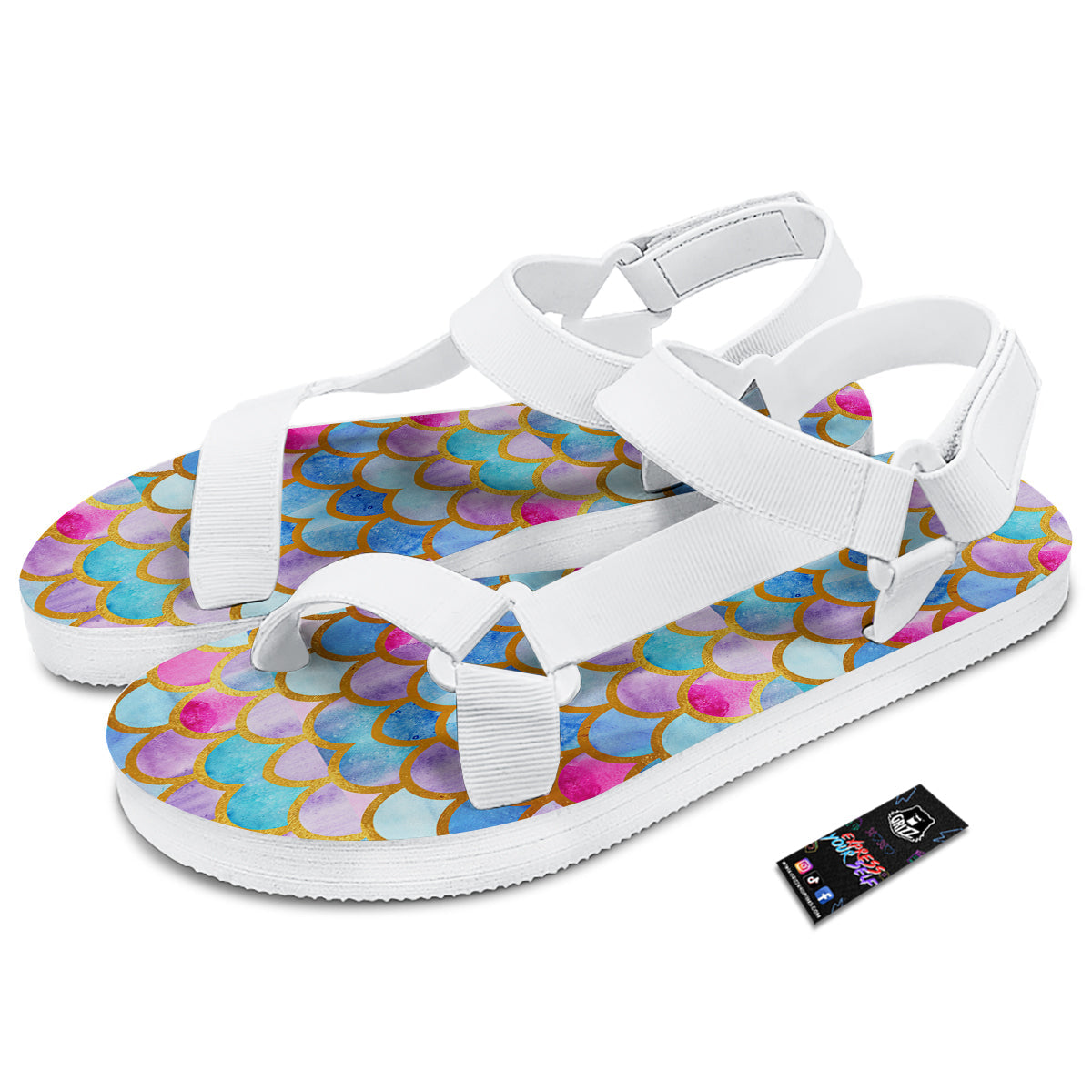 Mermaid Colorful Print Pattern White Open Toe Sandals-grizzshop