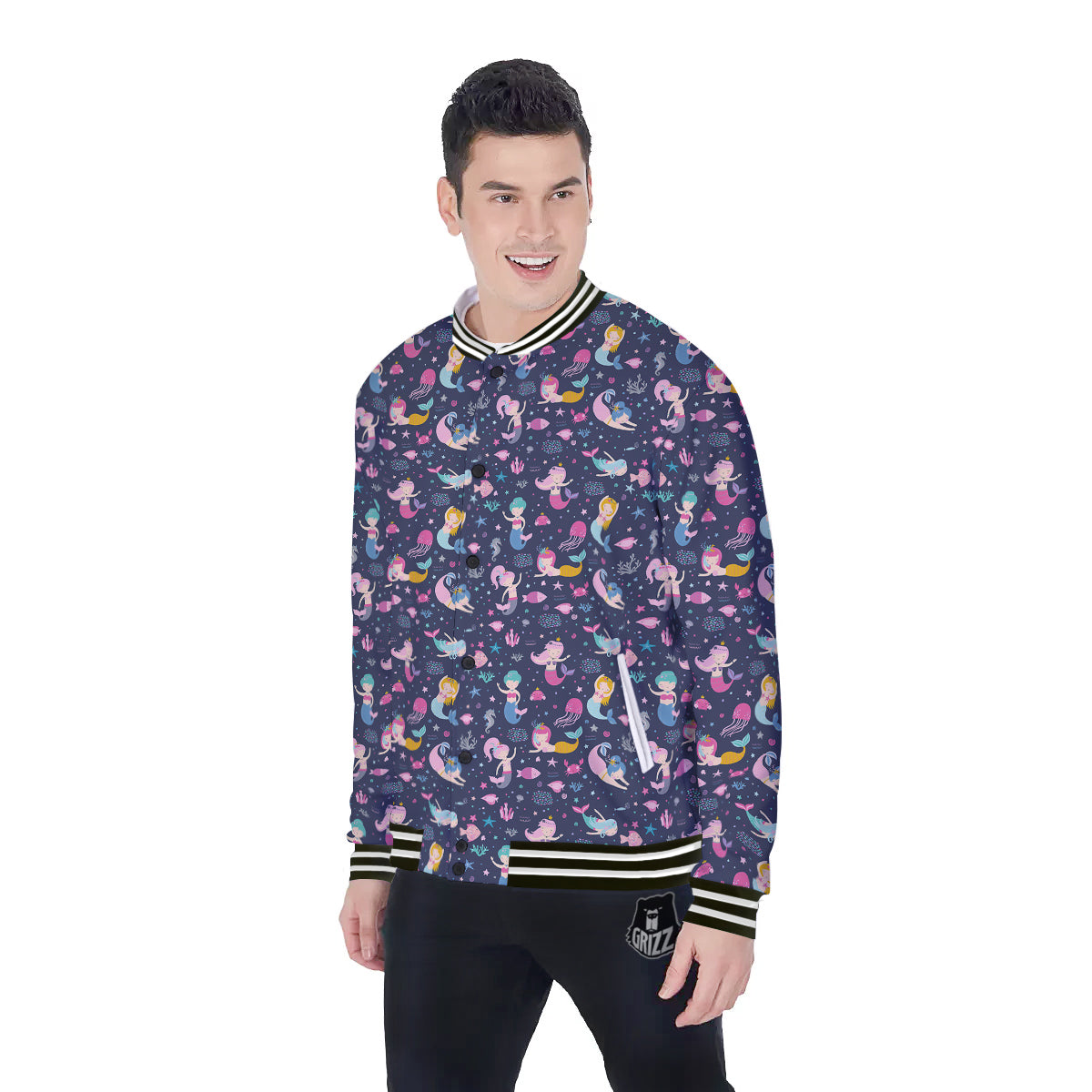 Mermaid Cute Print Pattern Baseball Jacket-grizzshop