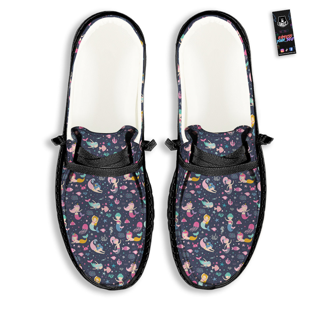 Mermaid Cute Print Pattern Black Loafers-grizzshop