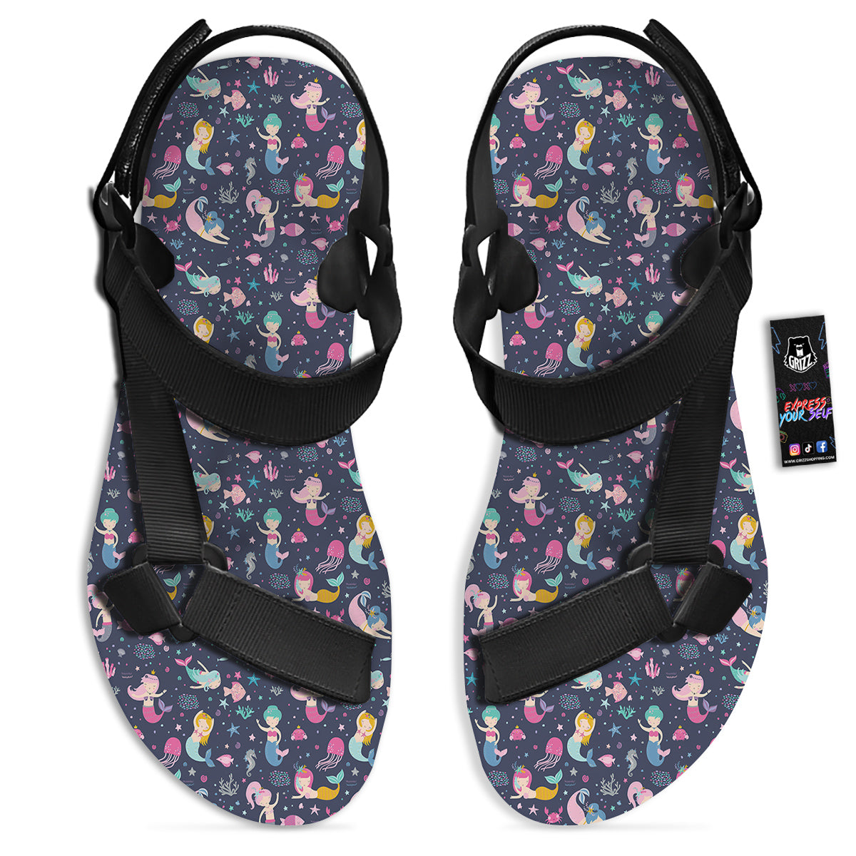 Mermaid Cute Print Pattern Black Open Toe Sandals-grizzshop