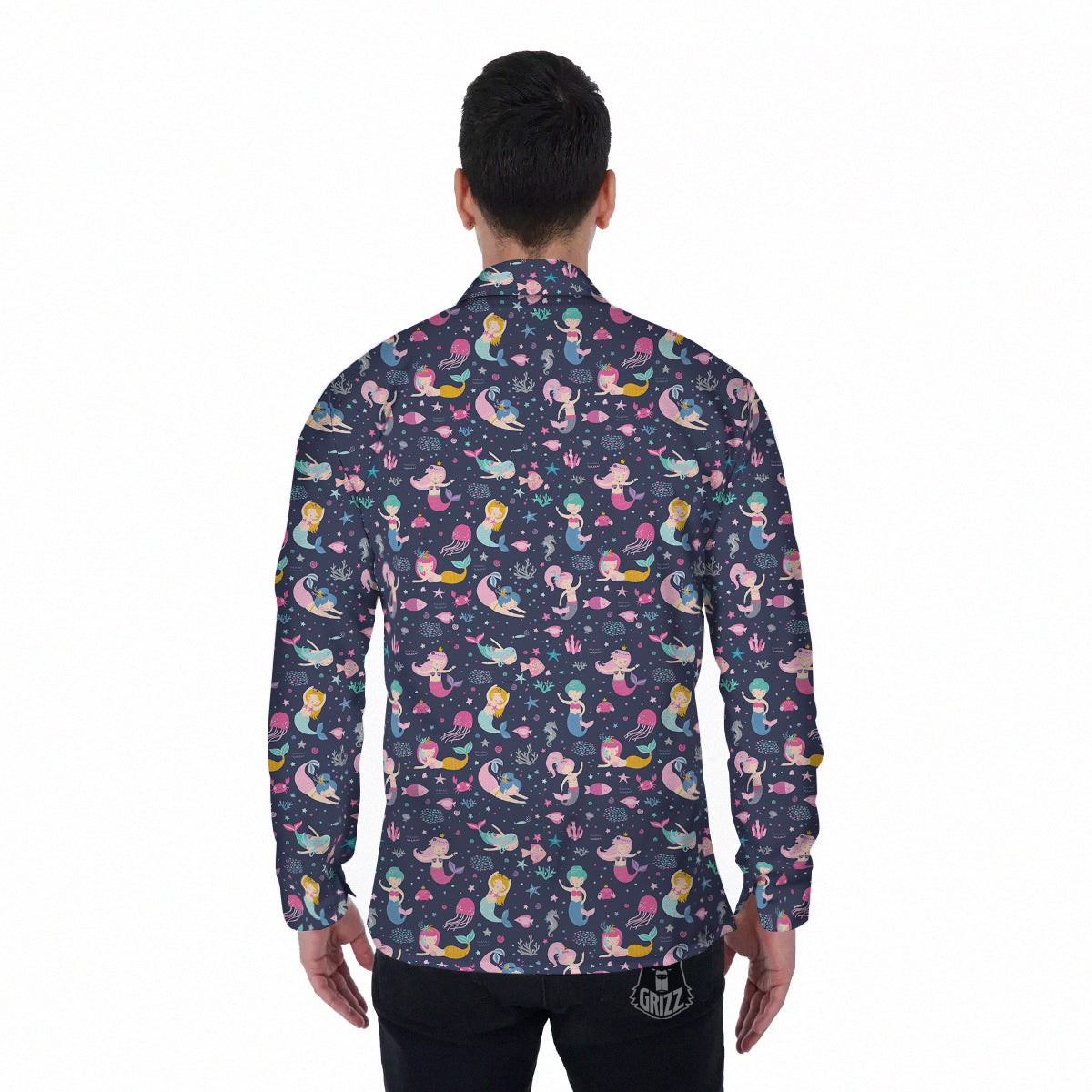 Mermaid Cute Print Pattern Men's Long Sleeve Shirts-grizzshop