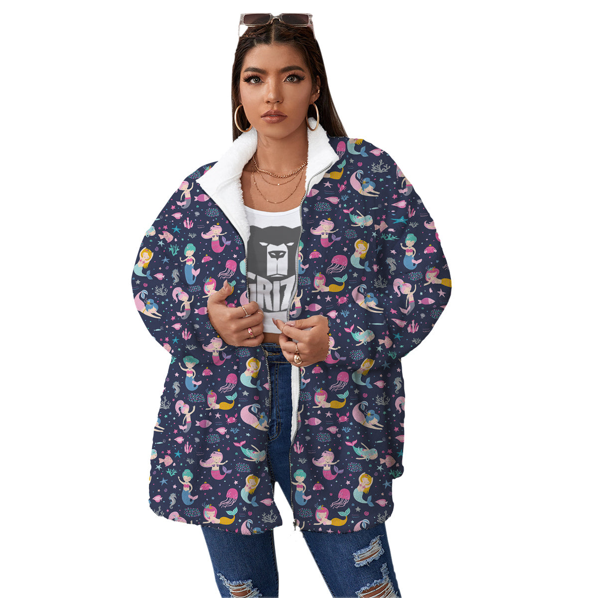 Mermaid Cute Print Pattern Women's Sherpa Jacket-grizzshop