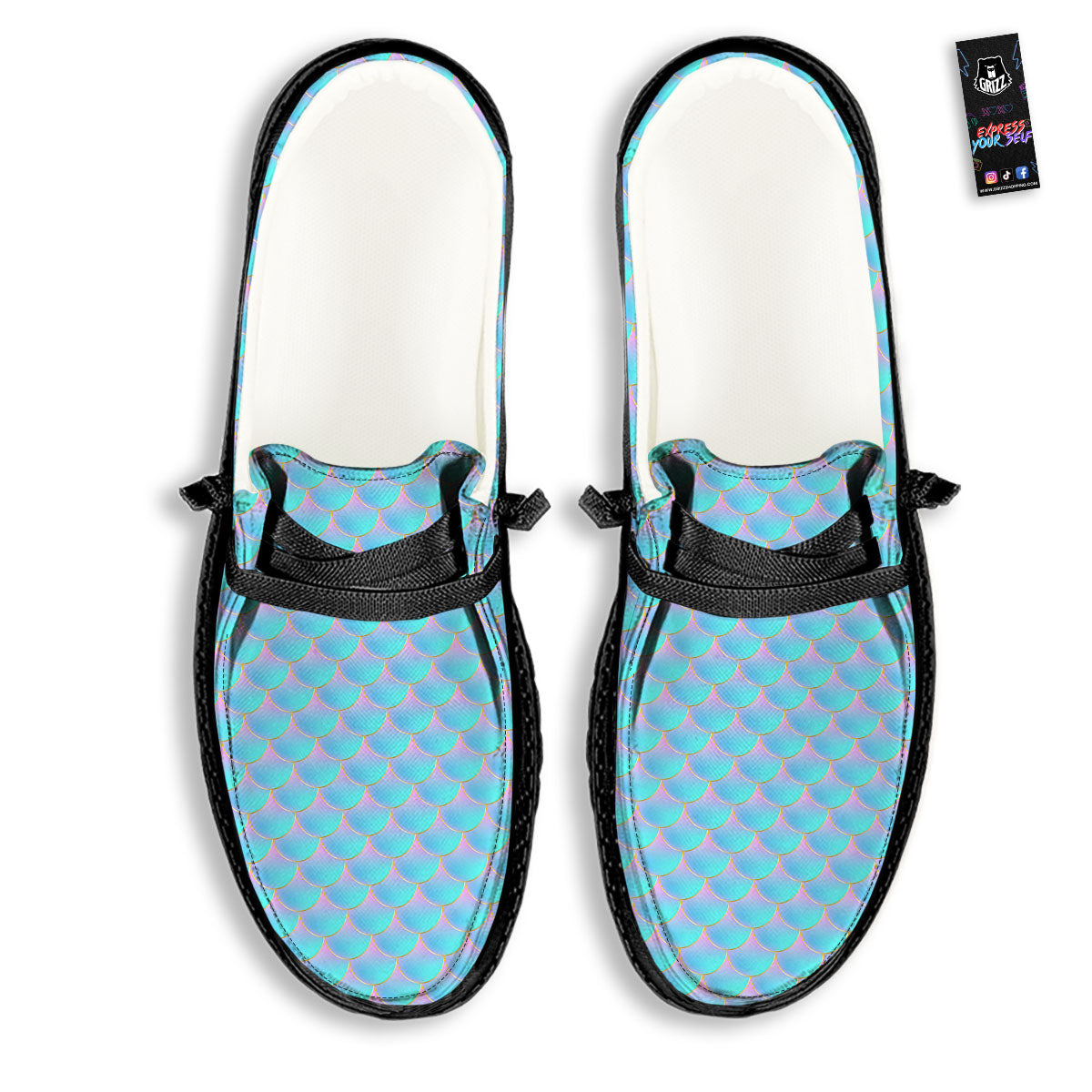 Mermaid Scales Blue Neon Print Pattern Black Loafers-grizzshop