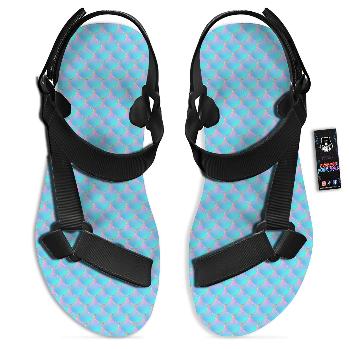 Mermaid Scales Blue Neon Print Pattern Black Open Toe Sandals-grizzshop