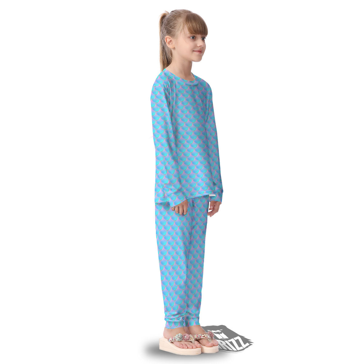 Mermaid Scales Blue Neon Print Pattern Kid's Pajamas-grizzshop