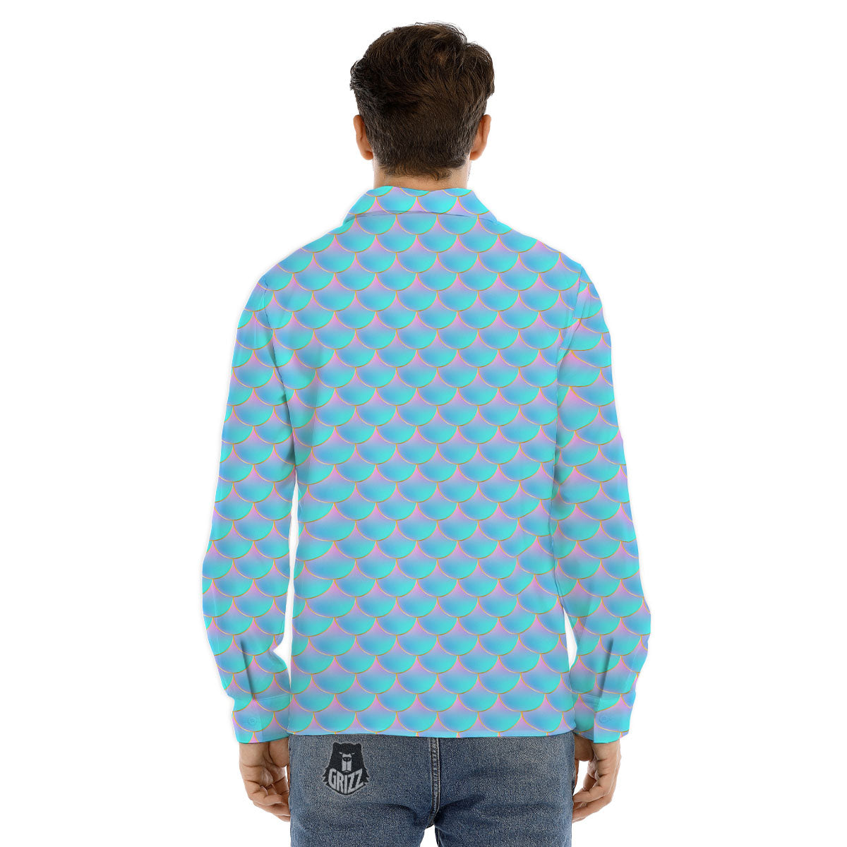 Mermaid Scales Blue Neon Print Pattern Men's Dress Shirts-grizzshop