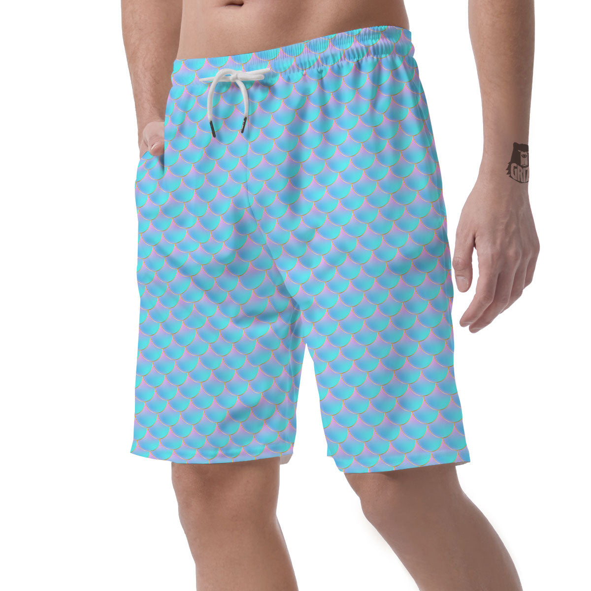 Mermaid Scales Blue Neon Print Pattern Men's Shorts-grizzshop