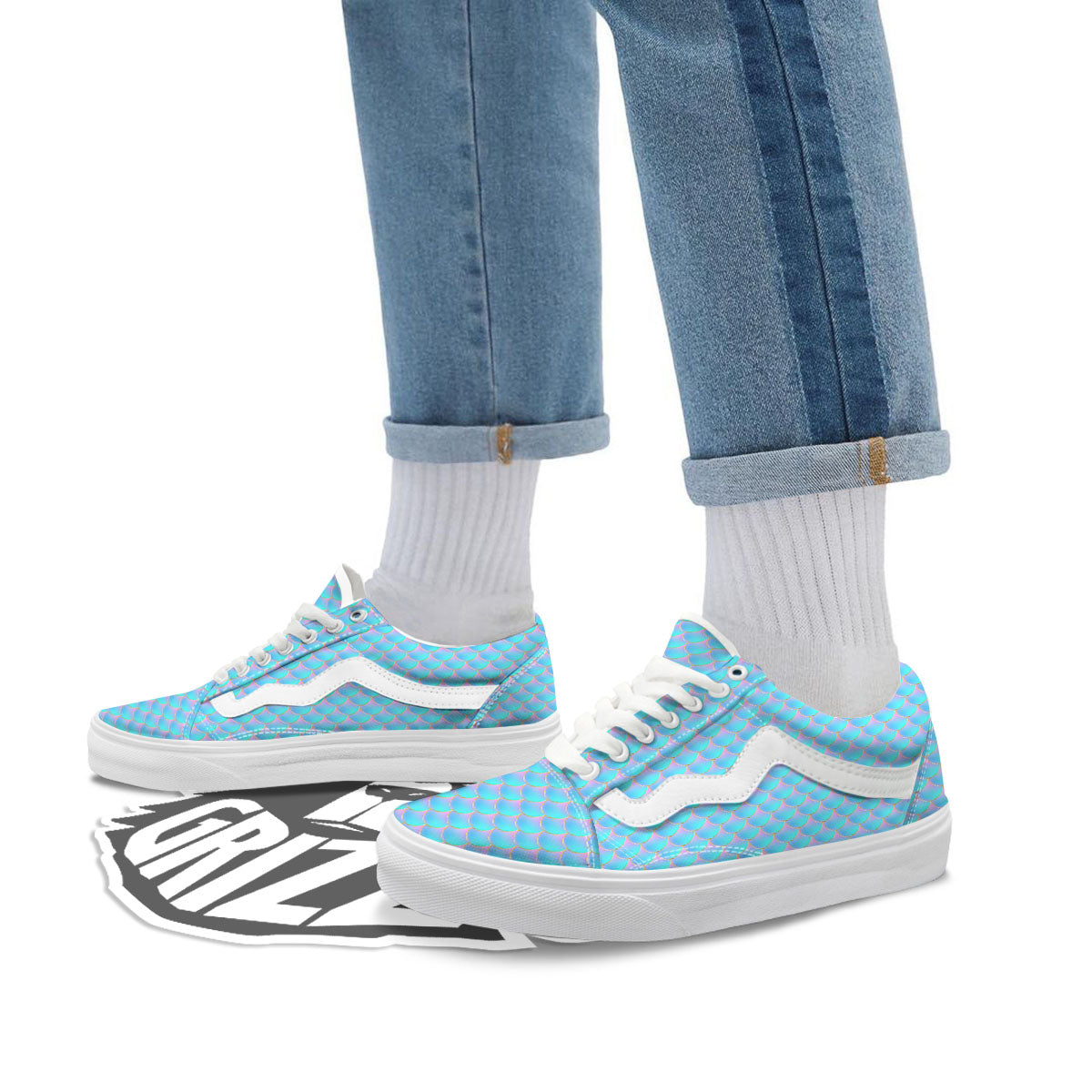 Mermaid Scales Blue Neon Print Pattern Skate Shoes-grizzshop