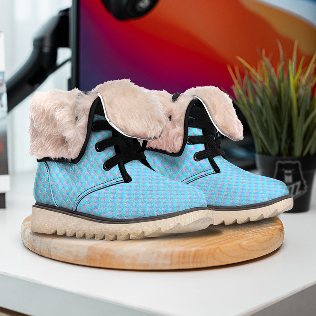 Mermaid Scales Blue Neon Print Pattern Snow Boots-grizzshop