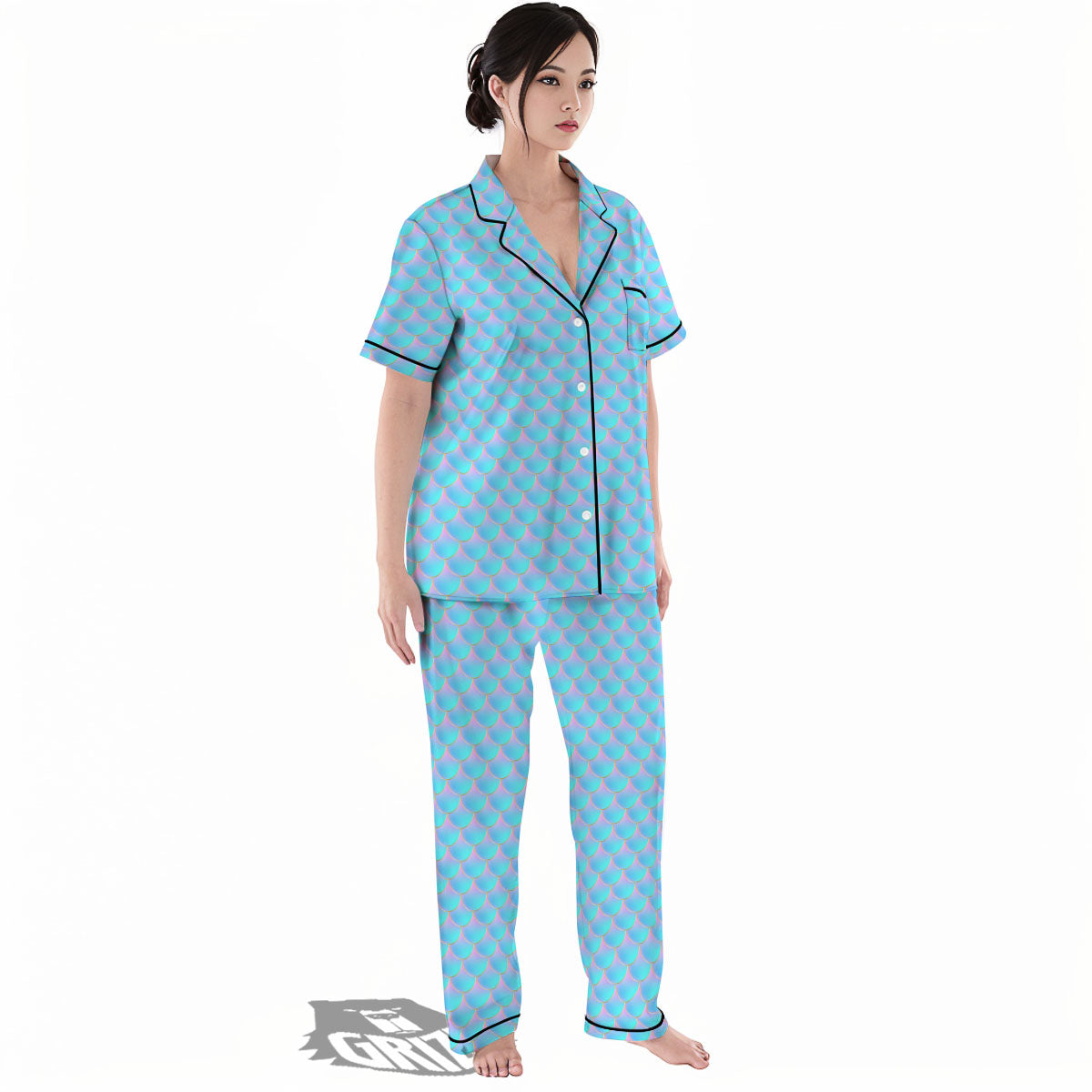 Mermaid Scales Blue Neon Print Pattern Women's Pajamas Set-grizzshop