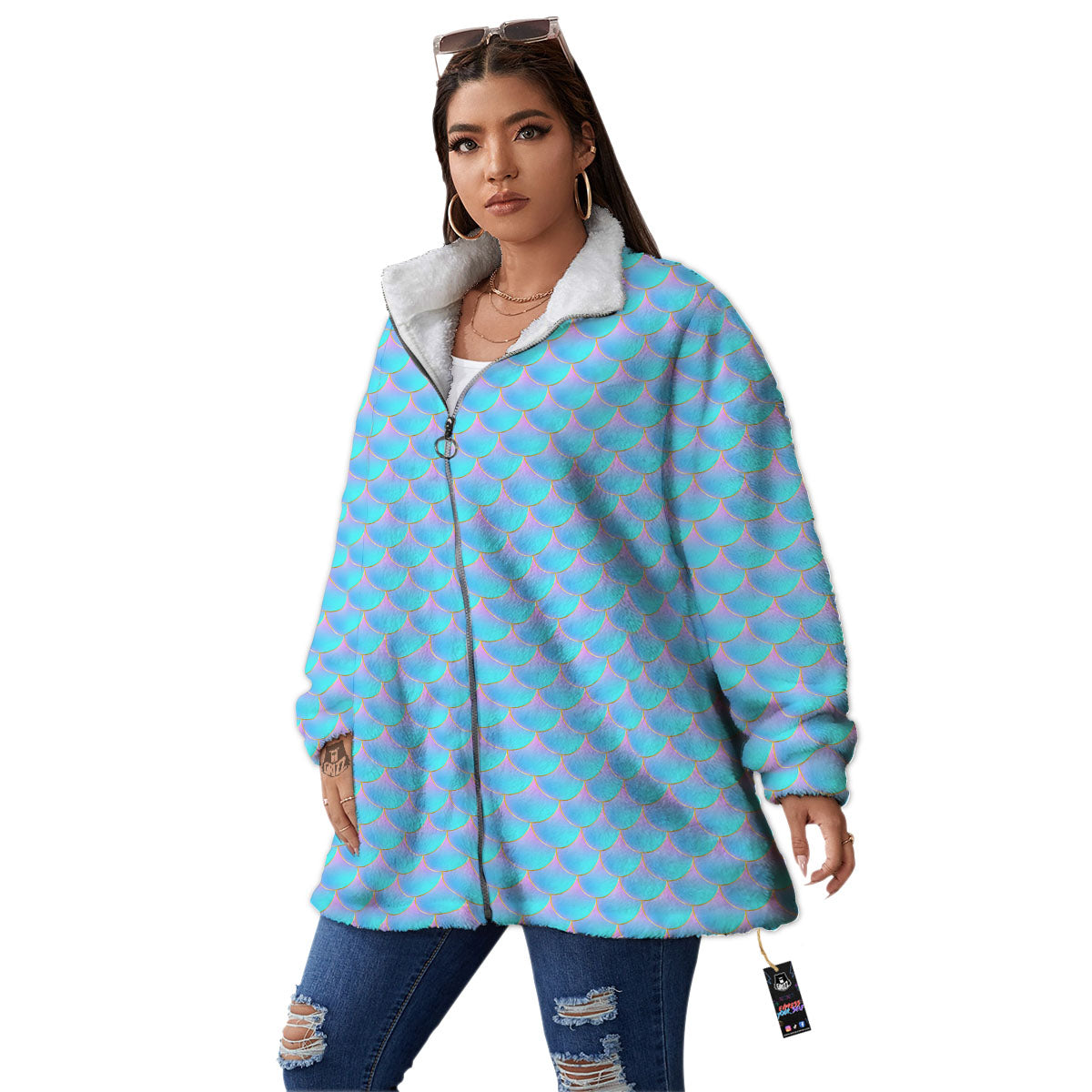 Mermaid Scales Blue Neon Print Pattern Women's Sherpa Jacket-grizzshop
