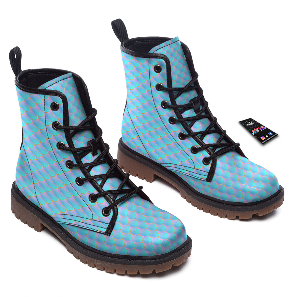 Mermaid Scales Blue Neon Print Pattern Work Boots-grizzshop