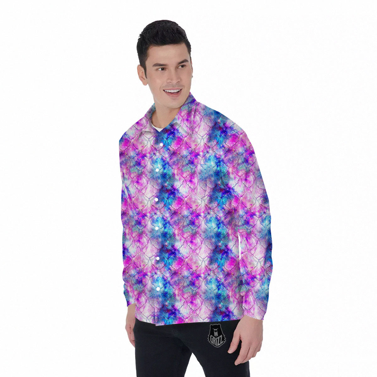 Mermaid Scales Galaxy Print Pattern Men's Long Sleeve Shirts-grizzshop