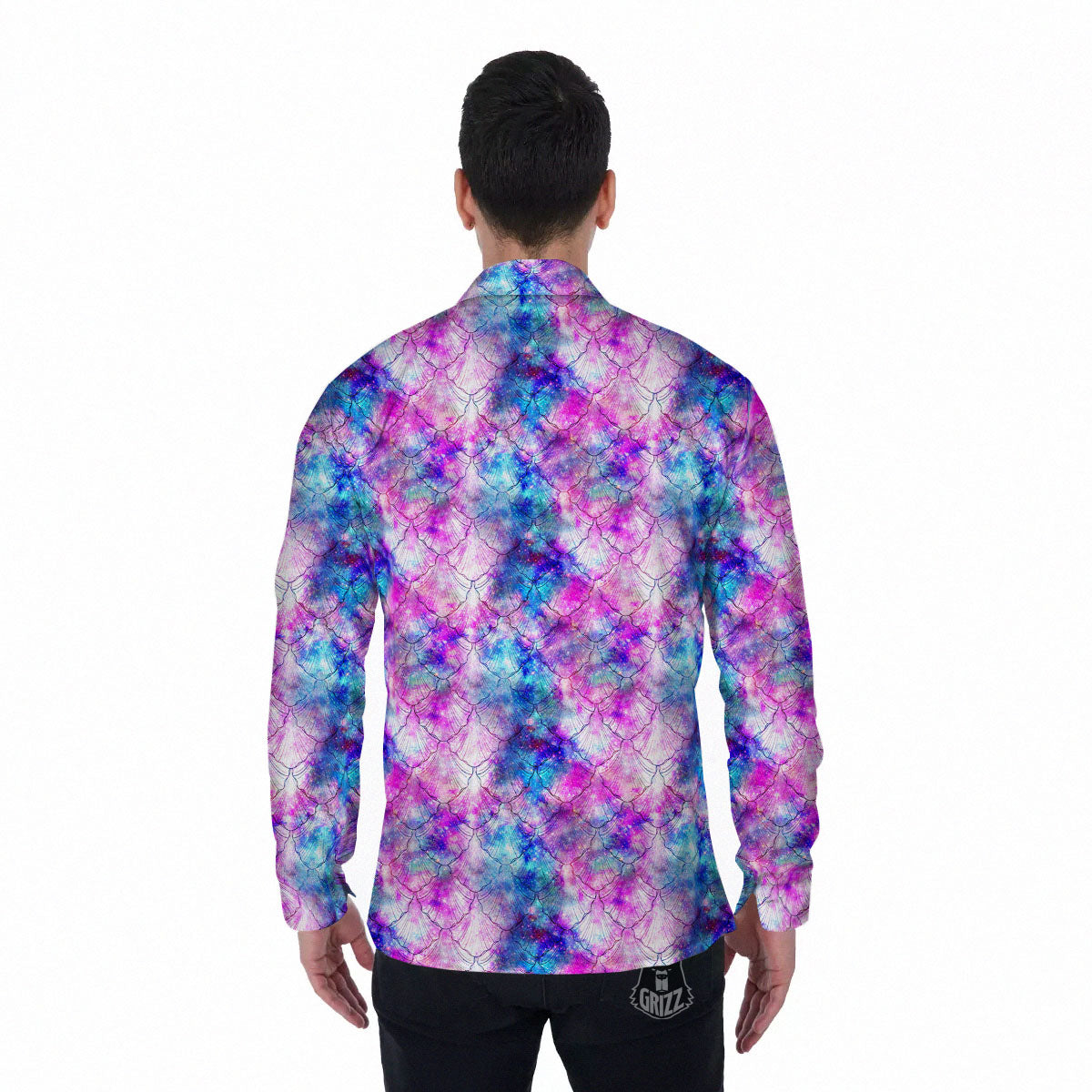 Mermaid Scales Galaxy Print Pattern Men's Long Sleeve Shirts-grizzshop