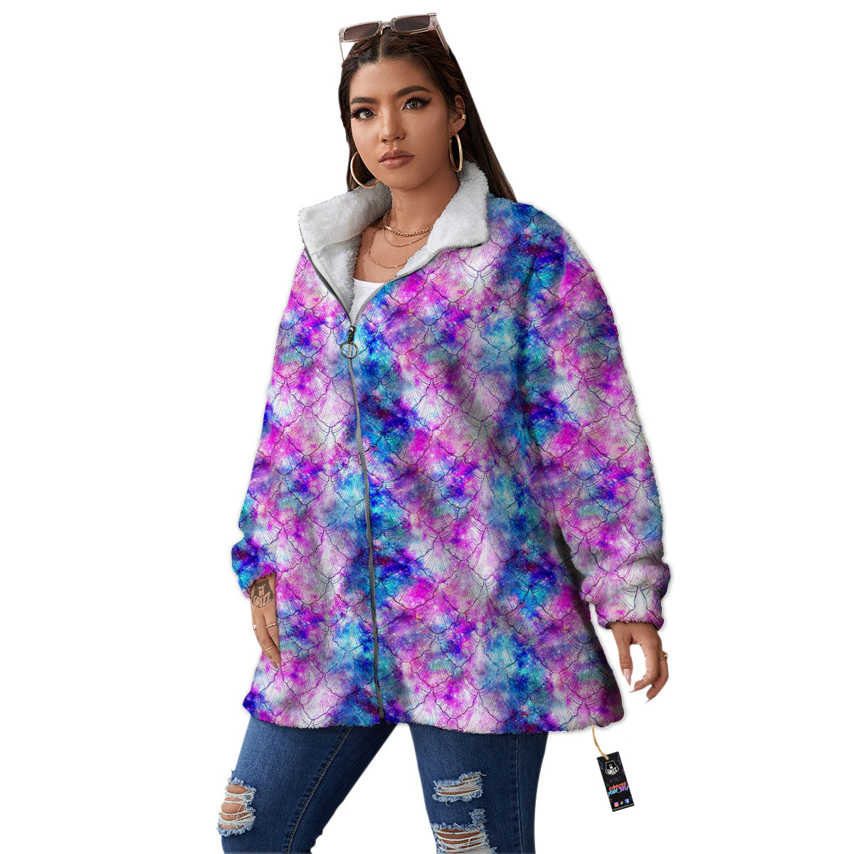 Mermaid Scales Galaxy Print Pattern Women's Sherpa Jacket-grizzshop