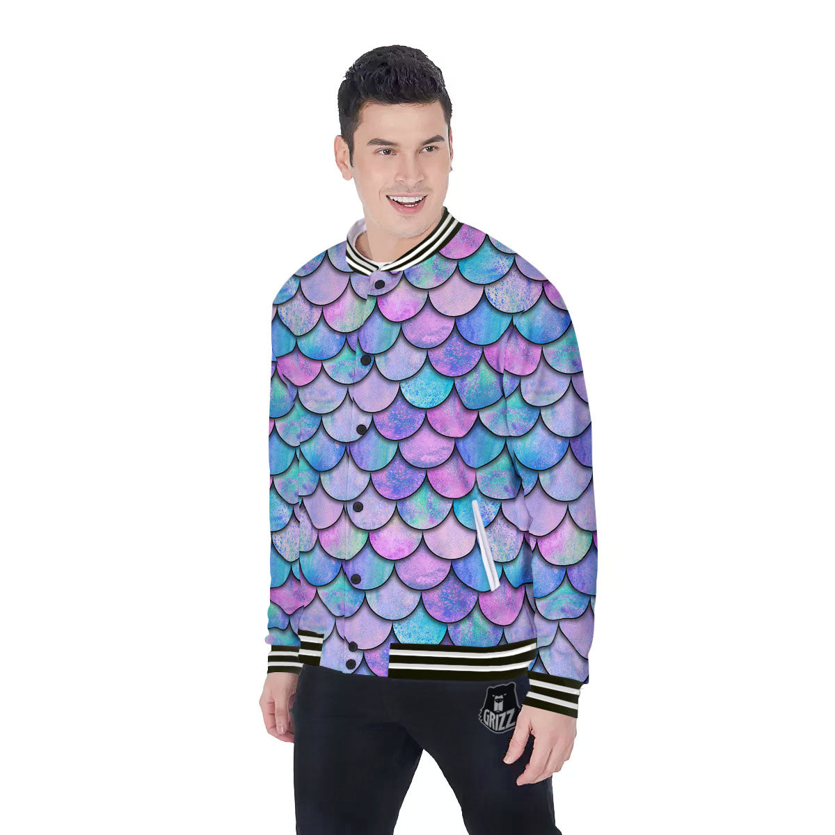 Mermaid Scales Pink And Teal Print Pattern Baseball Jacket-grizzshop