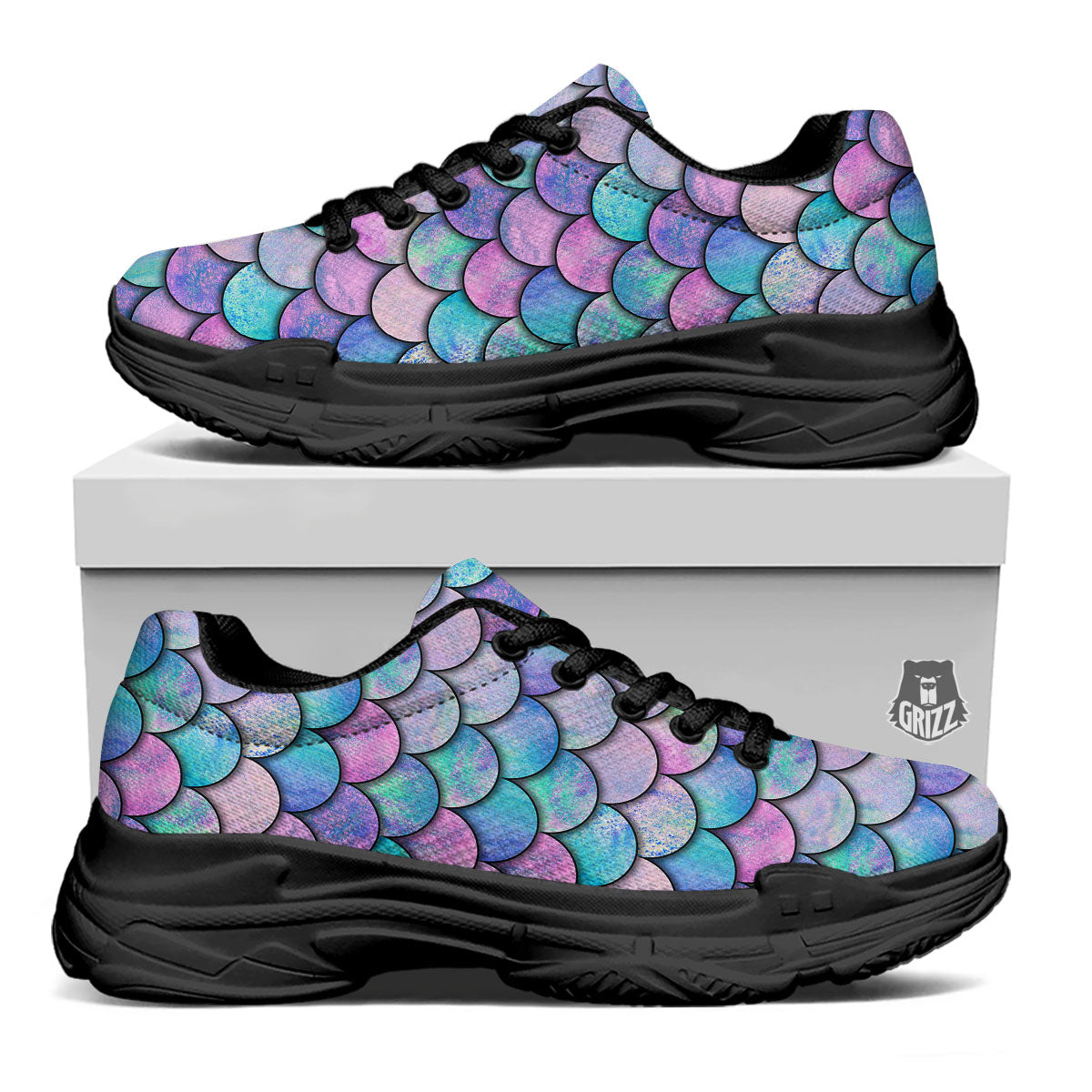 Mermaid Scales Pink And Teal Print Pattern Black Chunky Shoes-grizzshop