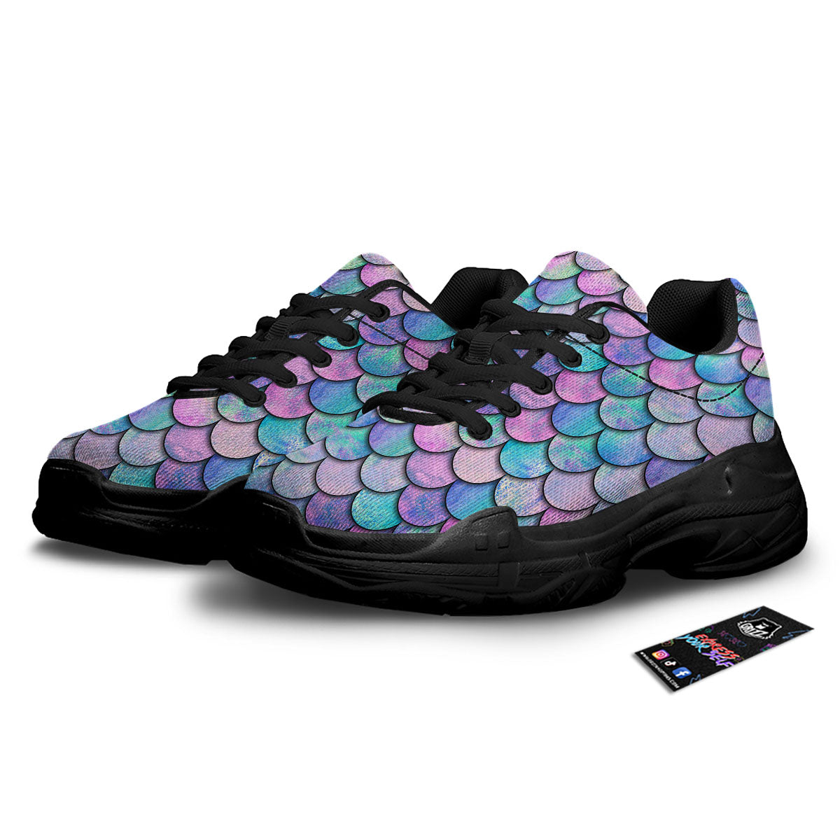Mermaid Scales Pink And Teal Print Pattern Black Chunky Shoes-grizzshop