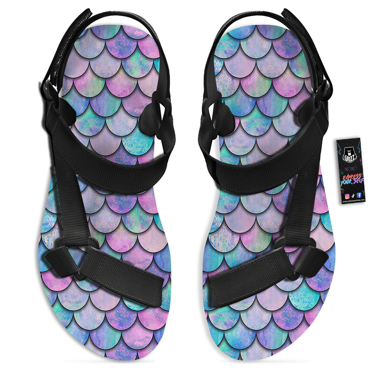 Mermaid Scales Pink And Teal Print Pattern Black Open Toe Sandals-grizzshop