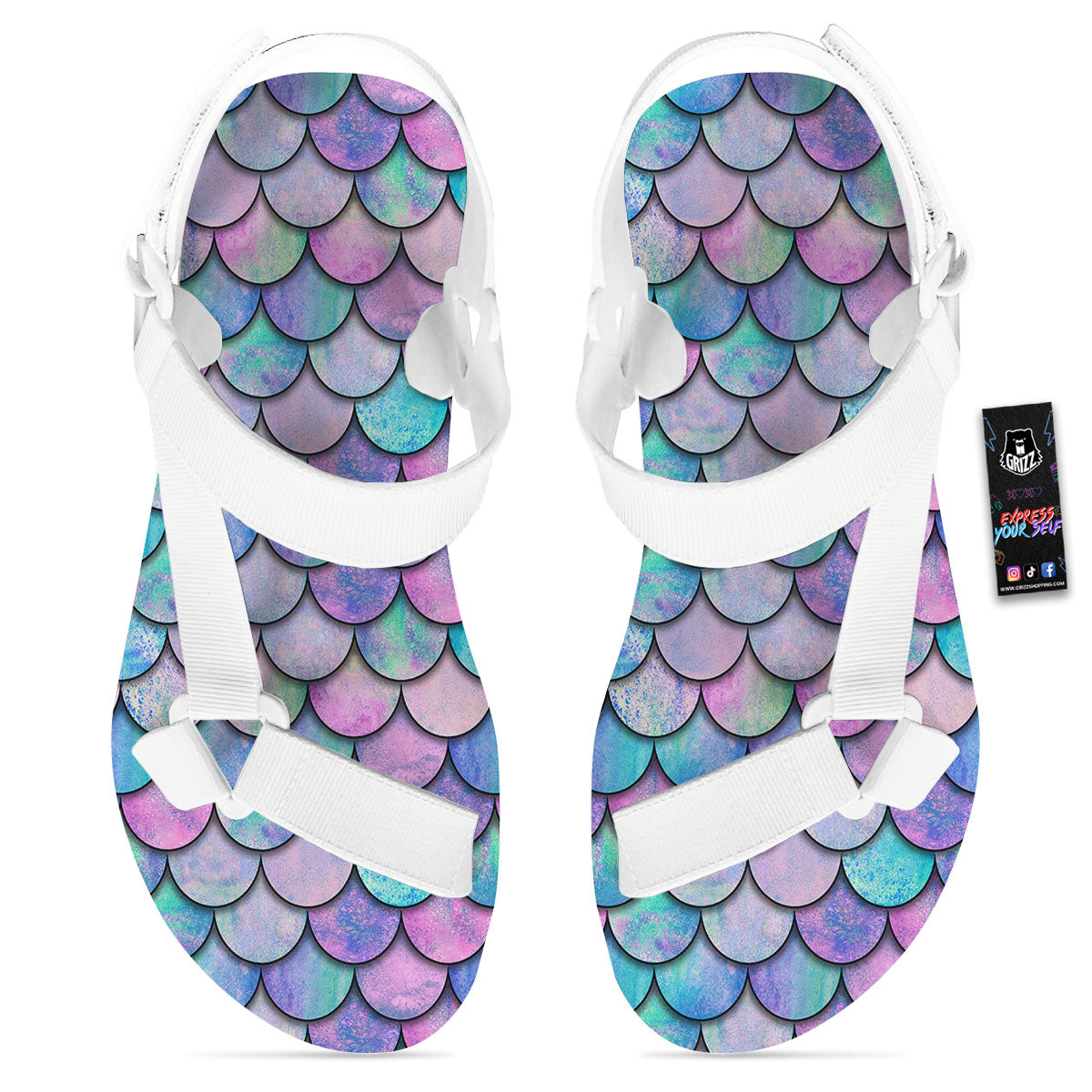 Mermaid Scales Pink And Teal Print Pattern White Open Toe Sandals-grizzshop