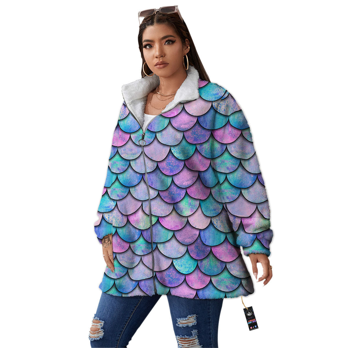 Mermaid Scales Pink And Teal Print Pattern Women's Sherpa Jacket-grizzshop