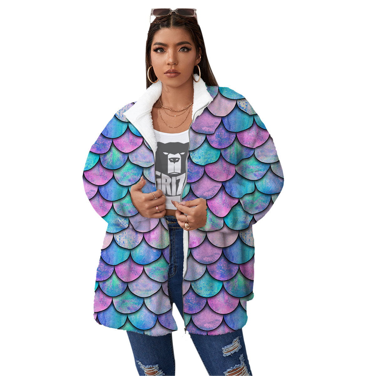 Mermaid Scales Pink And Teal Print Pattern Women's Sherpa Jacket-grizzshop