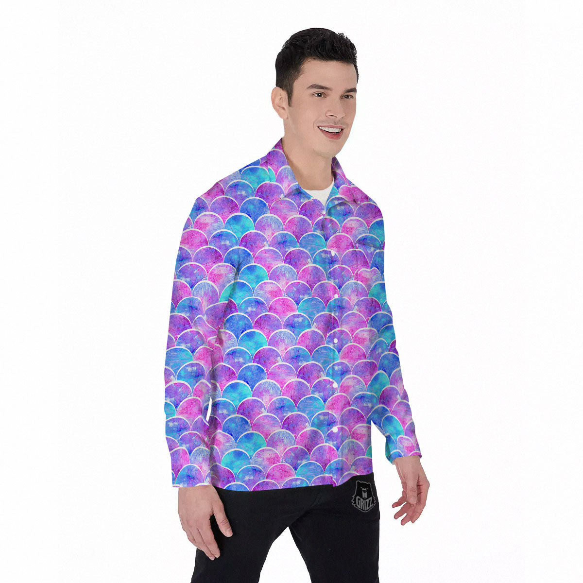 Mermaid Scales Sea Blue Print Pattern Men's Long Sleeve Shirts-grizzshop