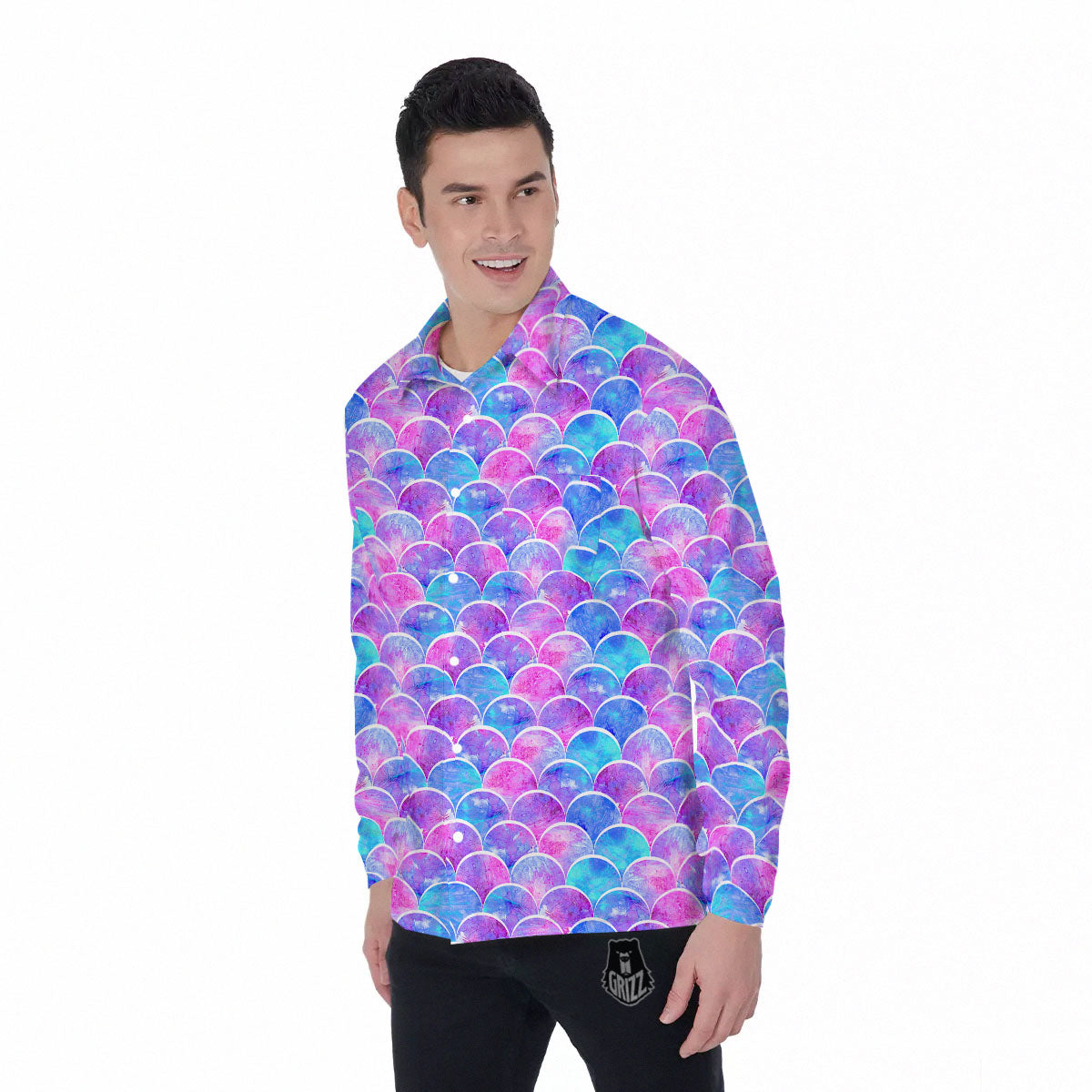 Mermaid Scales Sea Blue Print Pattern Men's Long Sleeve Shirts-grizzshop