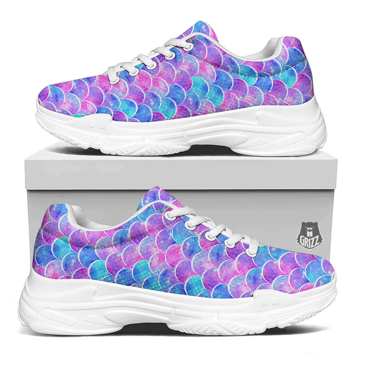 Mermaid Scales Sea Blue Print Pattern White Chunky Shoes-grizzshop