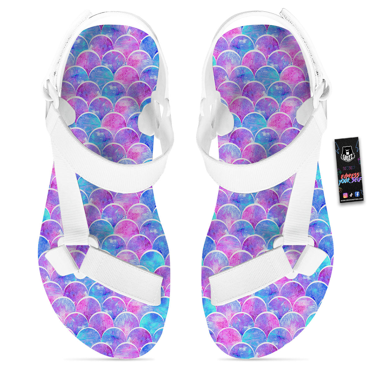 Mermaid Scales Sea Blue Print Pattern White Open Toe Sandals-grizzshop
