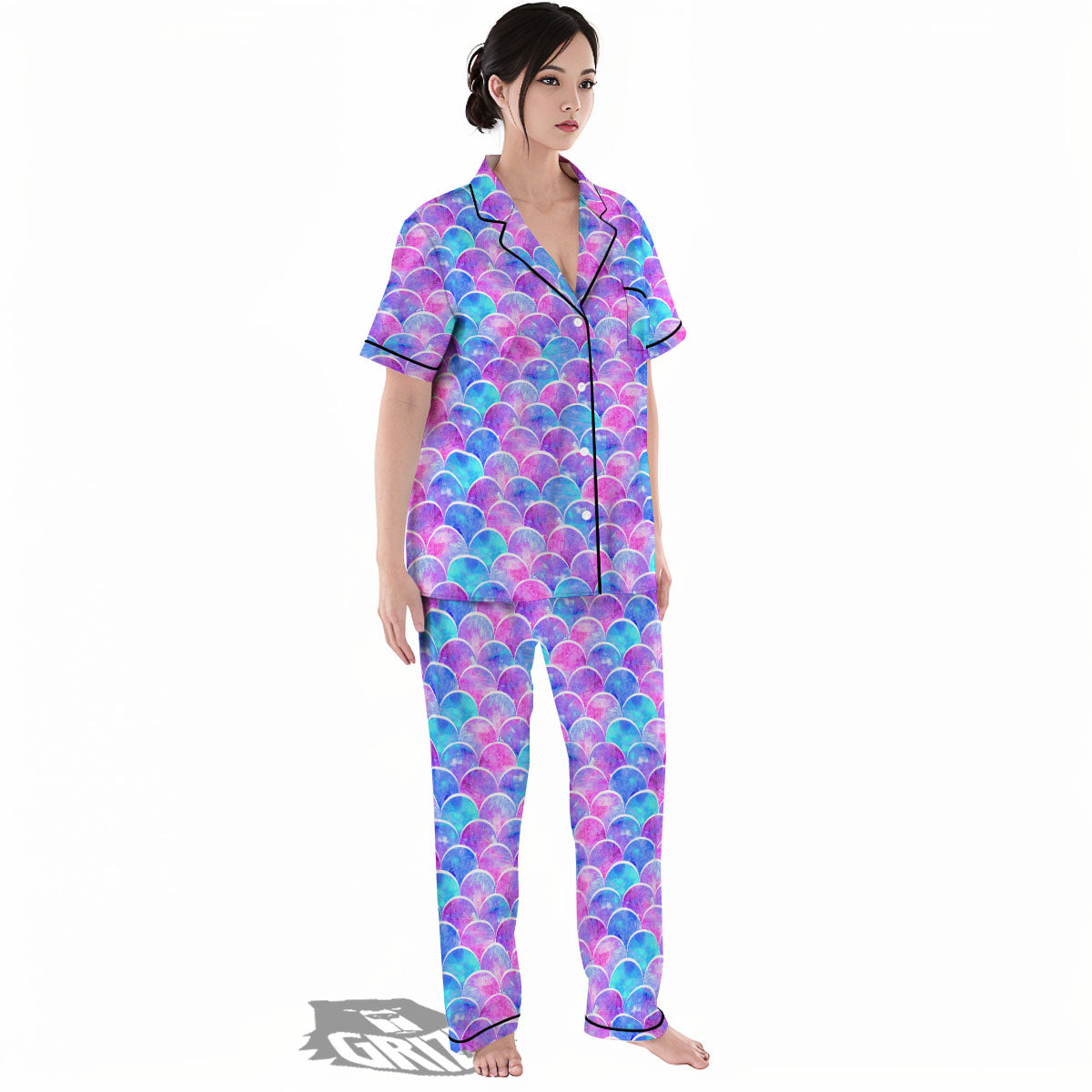 Mermaid Scales Sea Blue Print Pattern Women's Pajamas Set-grizzshop