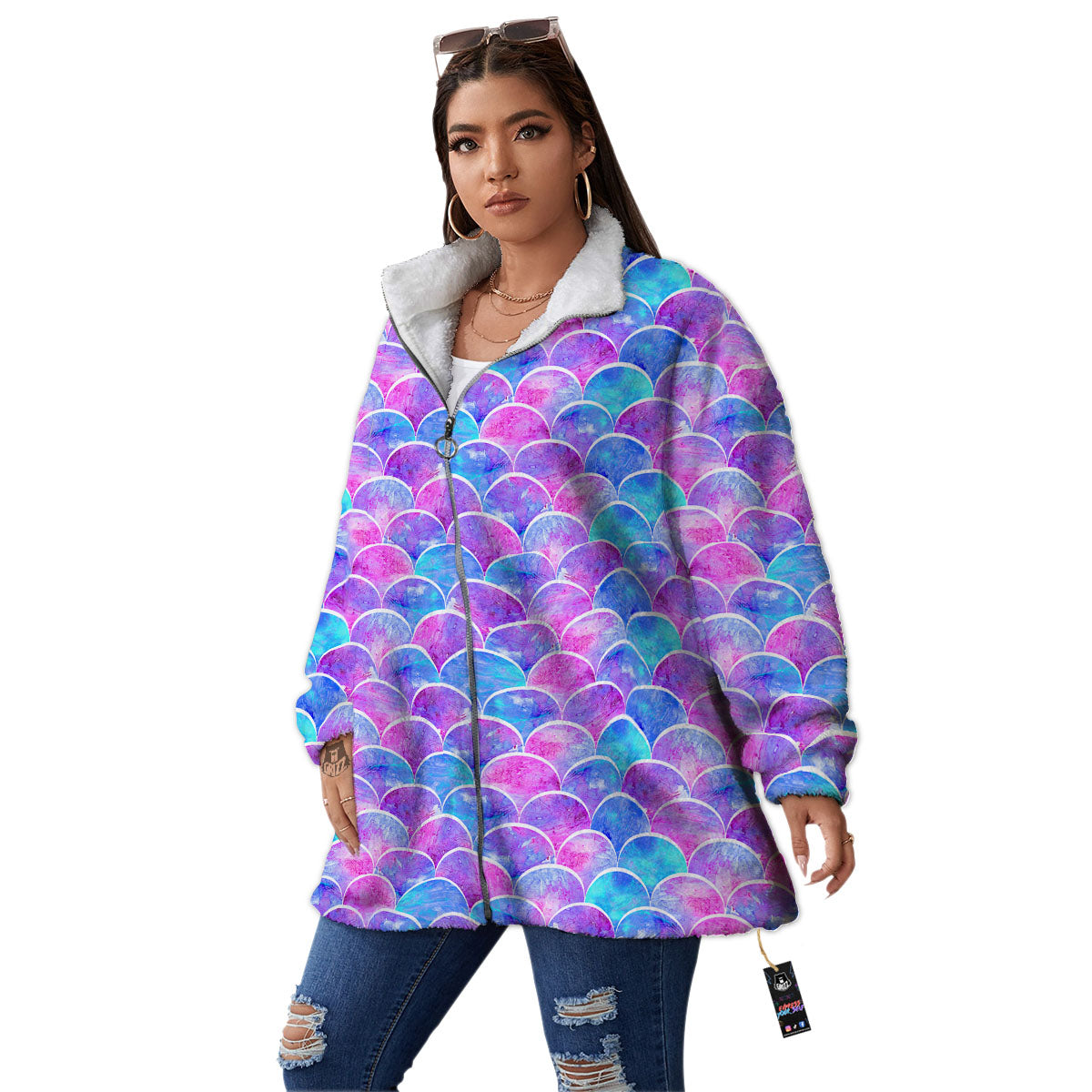 Mermaid Scales Sea Blue Print Pattern Women's Sherpa Jacket-grizzshop