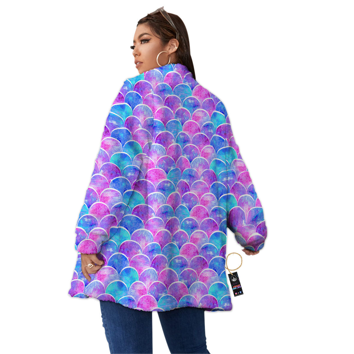 Mermaid Scales Sea Blue Print Pattern Women's Sherpa Jacket-grizzshop
