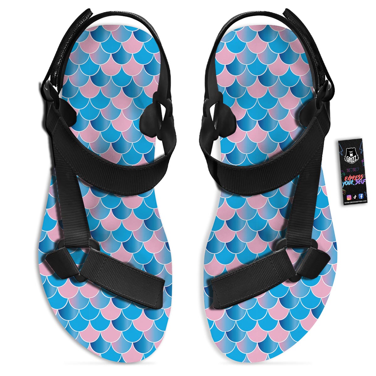 Mermaid Scales Teal Pink Print Pattern Black Open Toe Sandals-grizzshop