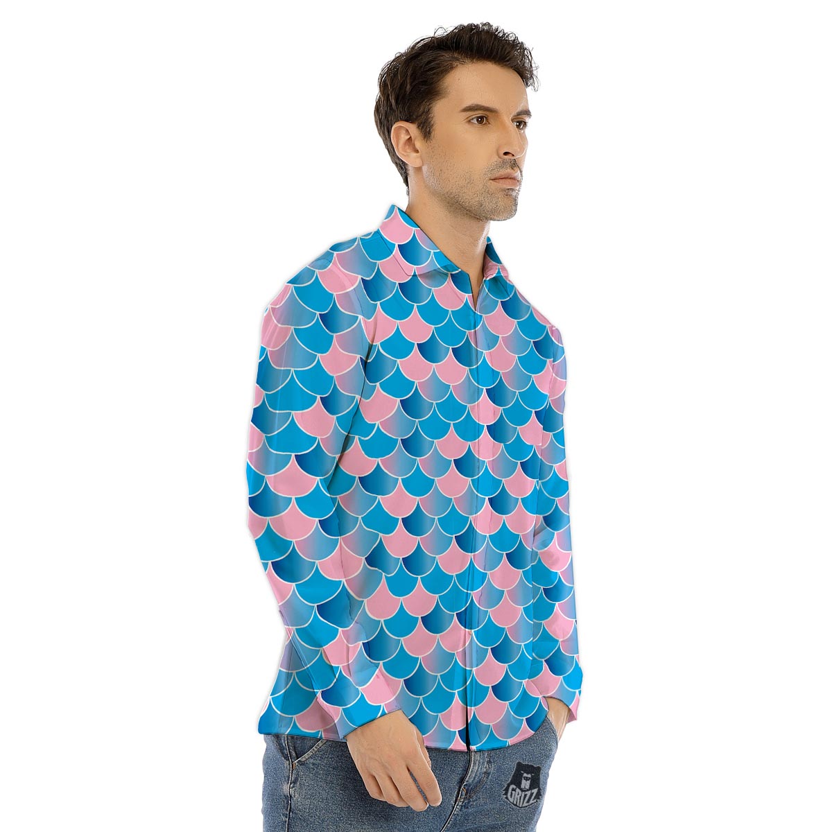 Mermaid Scales Teal Pink Print Pattern Men's Dress Shirts-grizzshop