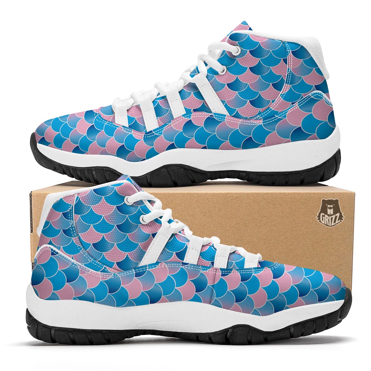 Mermaid Scales Teal Pink Print Pattern White Bball Shoes-grizzshop
